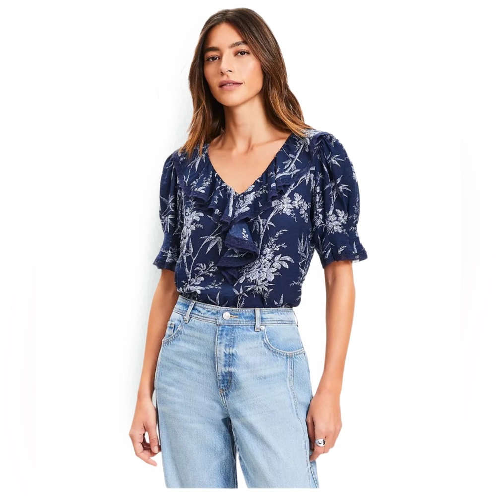 LOFT Women's Navy Floral/Palm Tree V-Neck Lace Trim Ruffle Blouse Top Size L